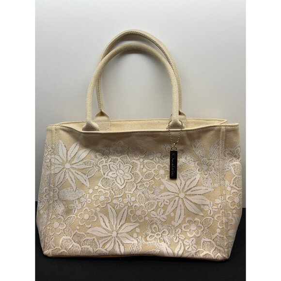 Oscar De La Renta Beige Canvas Floral Tote Bag - Picture 1 of 12